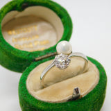 Platinum 0.6ct Claw Set European Cut Diamond & Pearl Crossover Ring Antique Art Deco