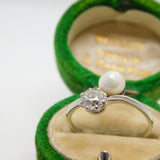 Platinum 0.6ct Claw Set European Cut Diamond & Pearl Crossover Ring Antique Art Deco