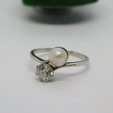 Platinum 0.6ct Claw Set European Cut Diamond & Pearl Crossover Ring Antique Art Deco