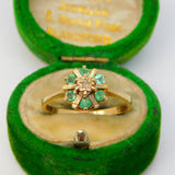 9ct Yellow Gold, Emerald & Diamond Floral Cluster Ring Vintage 1978 London