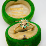 9ct Yellow Gold, Emerald & Diamond Floral Cluster Ring Vintage 1978 London