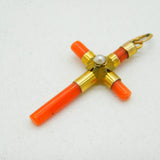 Victorian 9ct Gold Mounted Carved Red Coral Cross Pendant Antique c1840s
