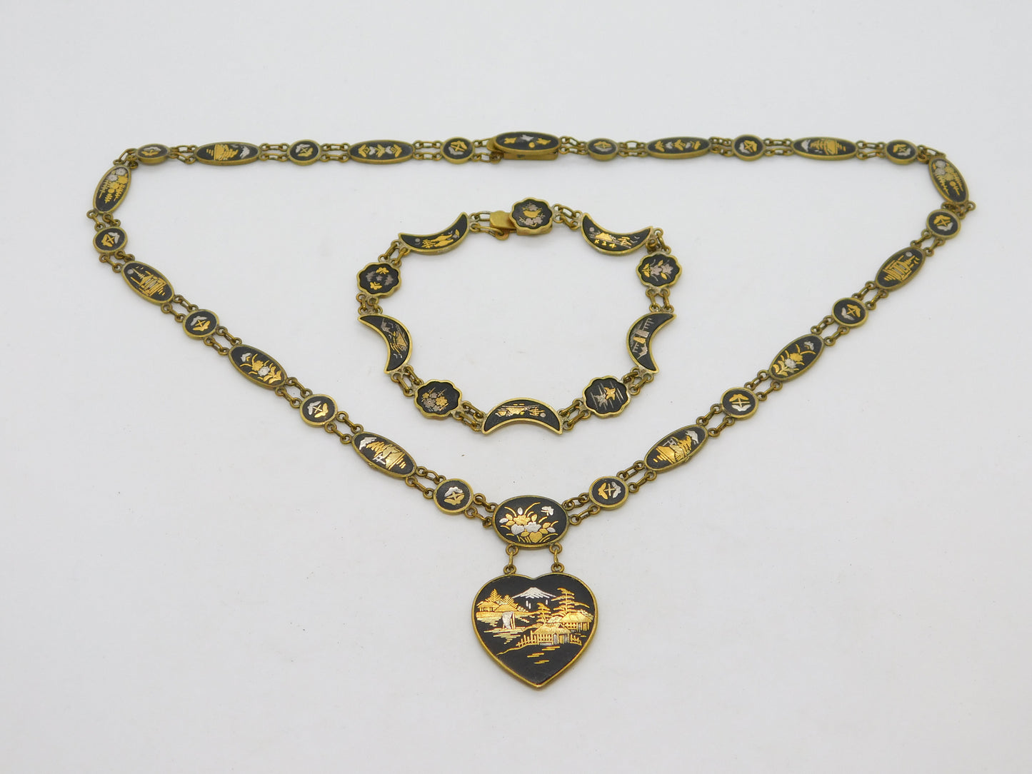 Japanese 24k Gold Shakudo Inlay Gilt Metal Necklace Bracelet Suite Antique c1930