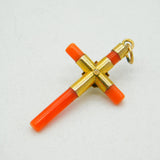 Victorian 9ct Gold Mounted Carved Red Coral Cross Pendant Antique c1840s