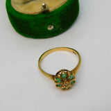 9ct Yellow Gold, Emerald & Diamond Floral Cluster Ring Vintage 1978 London