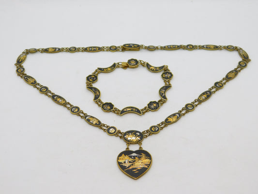 Japanese 24k Gold Shakudo Inlay Gilt Metal Necklace Bracelet Suite Antique c1930