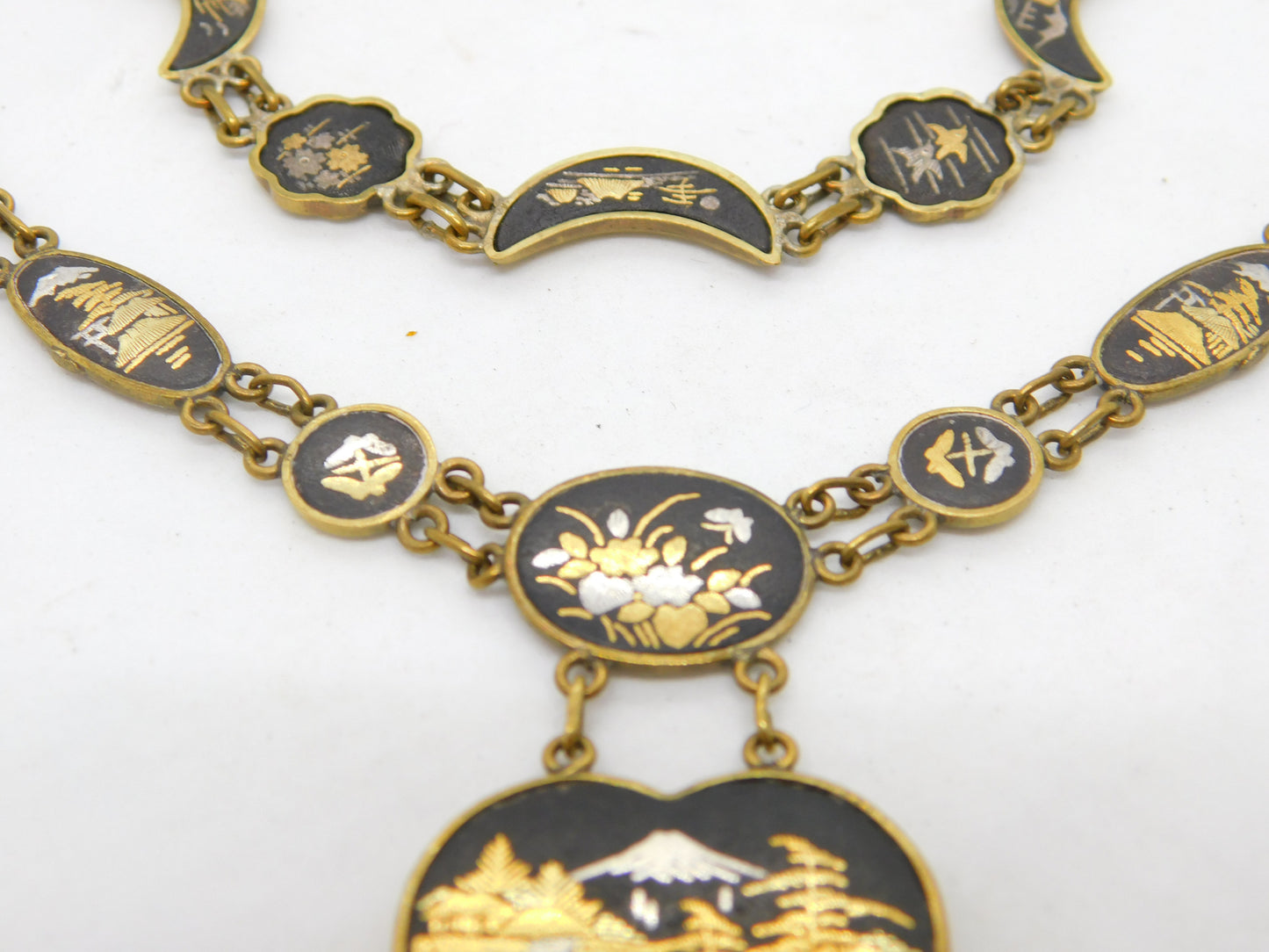 Japanese 24k Gold Shakudo Inlay Gilt Metal Necklace Bracelet Suite Antique c1930