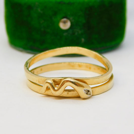 14ct Yellow Gold & Diamond Double Band Snake Pattern Ring Vintage c1980