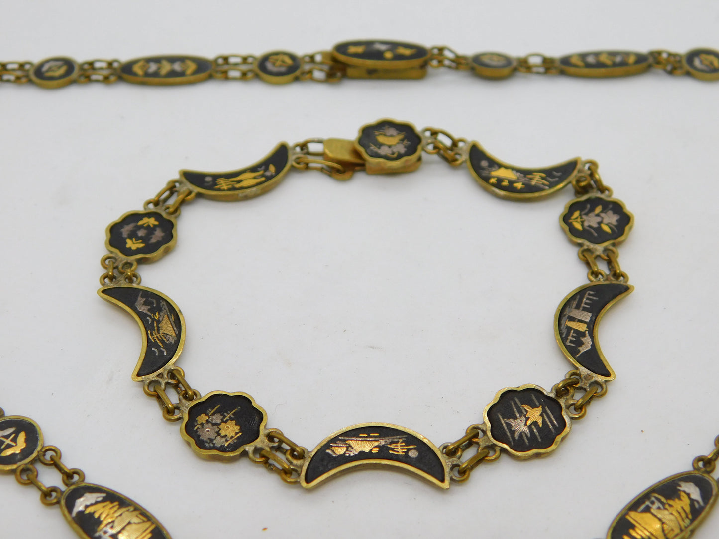 Japanese 24k Gold Shakudo Inlay Gilt Metal Necklace Bracelet Suite Antique c1930