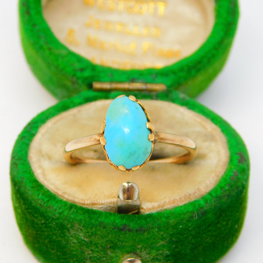 Victorian 9ct Rose Gold Cabochon Cut Raw Turquoise Dress Ring Antique c1880