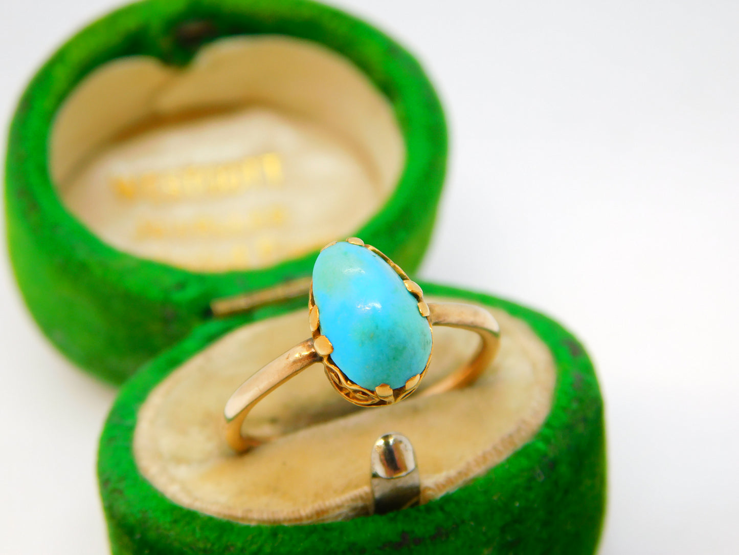 Victorian 9ct Rose Gold Cabochon Cut Raw Turquoise Dress Ring Antique c1880