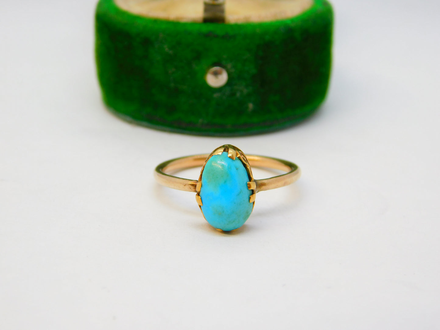 Victorian 9ct Rose Gold Cabochon Cut Raw Turquoise Dress Ring Antique c1880