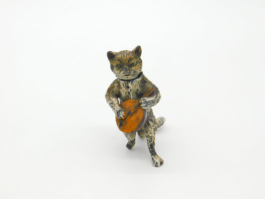 Cold Painted Bronze Vienna Cat Playing Banjo Bobbing Head Figure AF Victorian