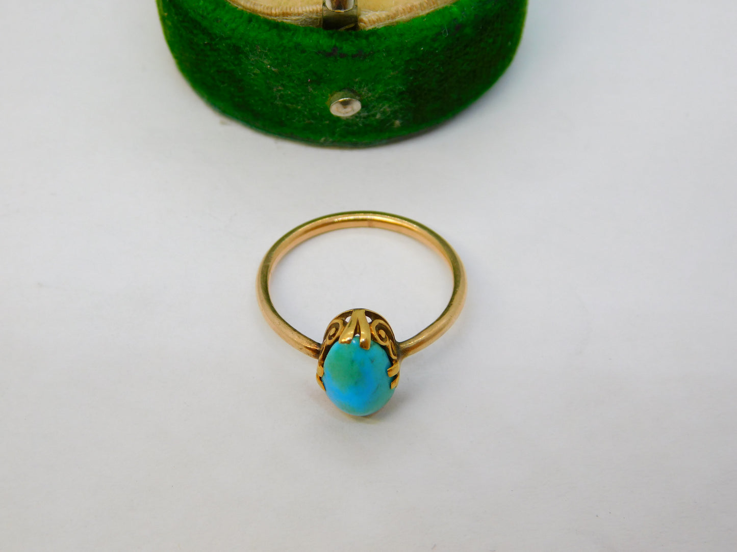 Victorian 9ct Rose Gold Cabochon Cut Raw Turquoise Dress Ring Antique c1880