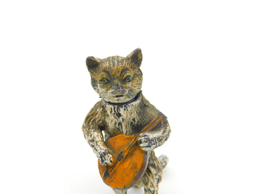 Cold Painted Bronze Vienna Cat Playing Banjo Bobbing Head Figure AF Victorian