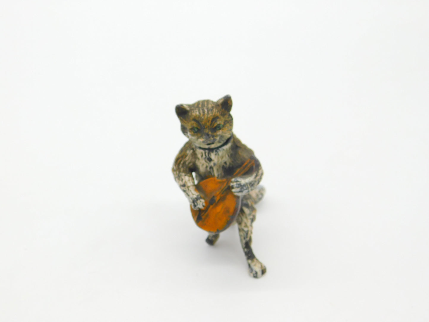 Cold Painted Bronze Vienna Cat Playing Banjo Bobbing Head Figure AF Victorian