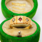 Victorian 15ct Yellow Gold, Garnet & Pearl Boat Ring Antique 1886 Birmingham