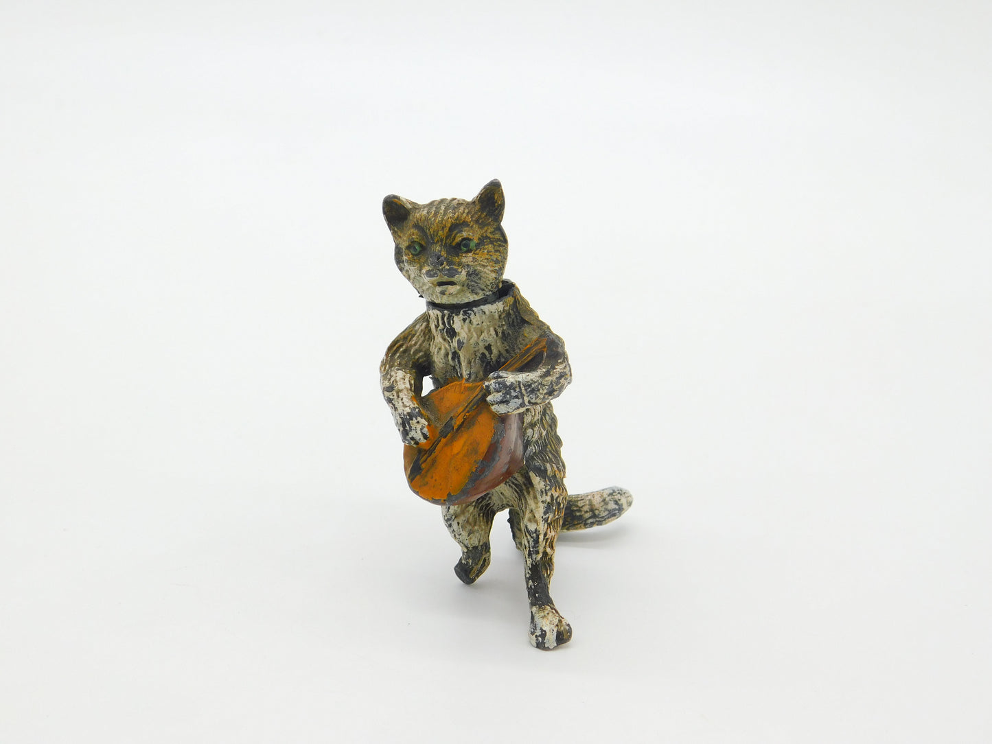 Cold Painted Bronze Vienna Cat Playing Banjo Bobbing Head Figure AF Victorian