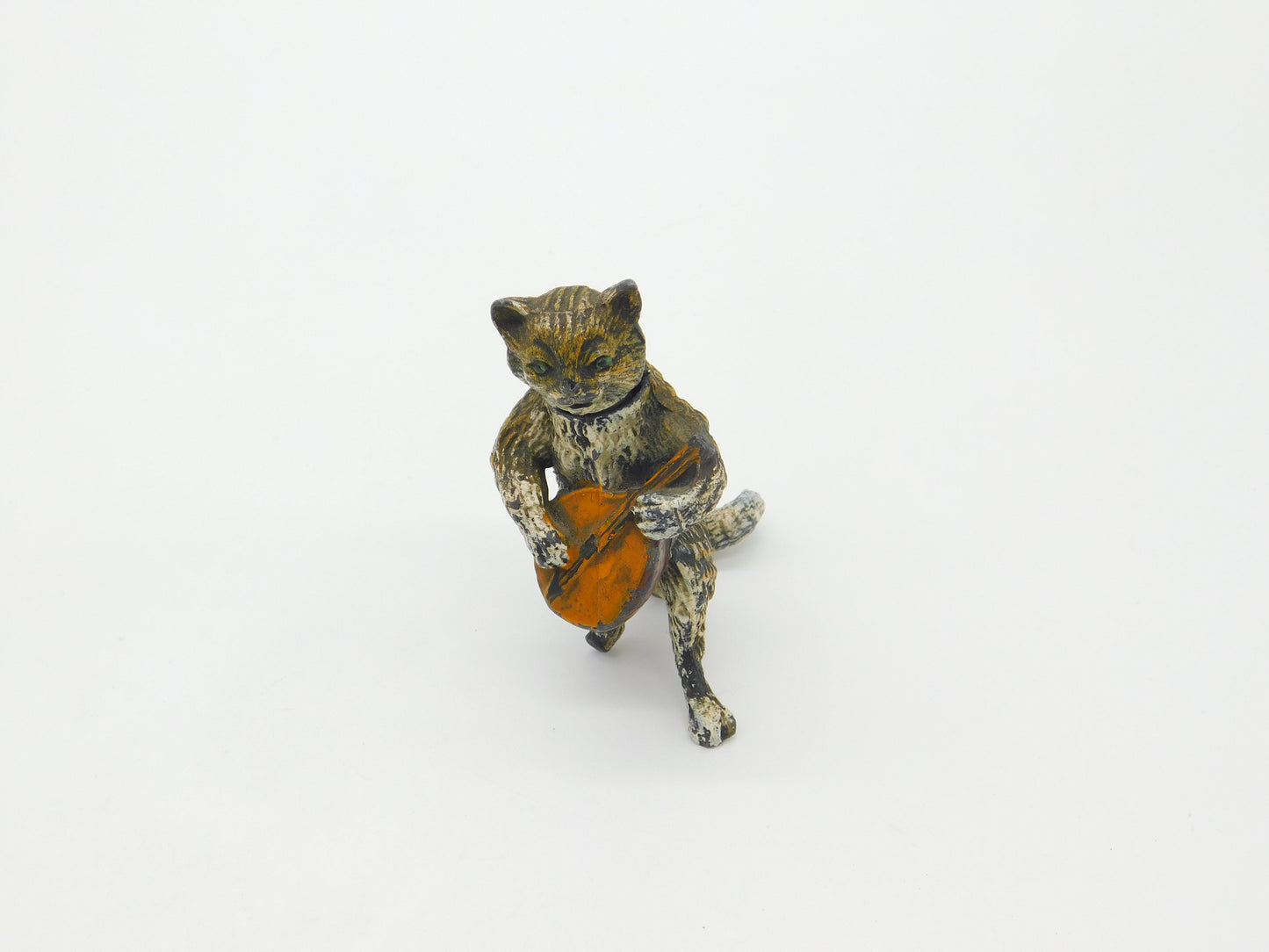 Cold Painted Bronze Vienna Cat Playing Banjo Bobbing Head Figure AF Victorian