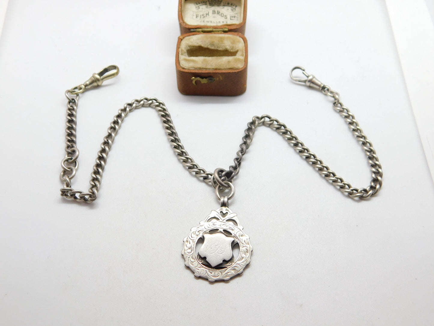 Victorian Sterling Silver Double Albert Watch Chain & Fob c1900 Antique