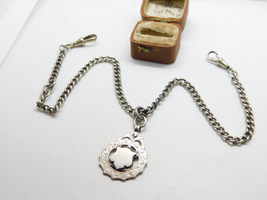 Victorian Sterling Silver Double Albert Watch Chain & Fob c1900 Antique