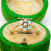 Victorian 9ct Gold, Opal & Seed Pearl Floral Dress Ring Antique c1890