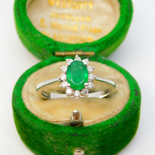 14ct White Gold, 0.5ct Emerald & Diamond Floral Engagement Ring Vintage c1980