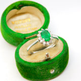 14ct White Gold, 0.5ct Emerald & Diamond Floral Engagement Ring Vintage c1980