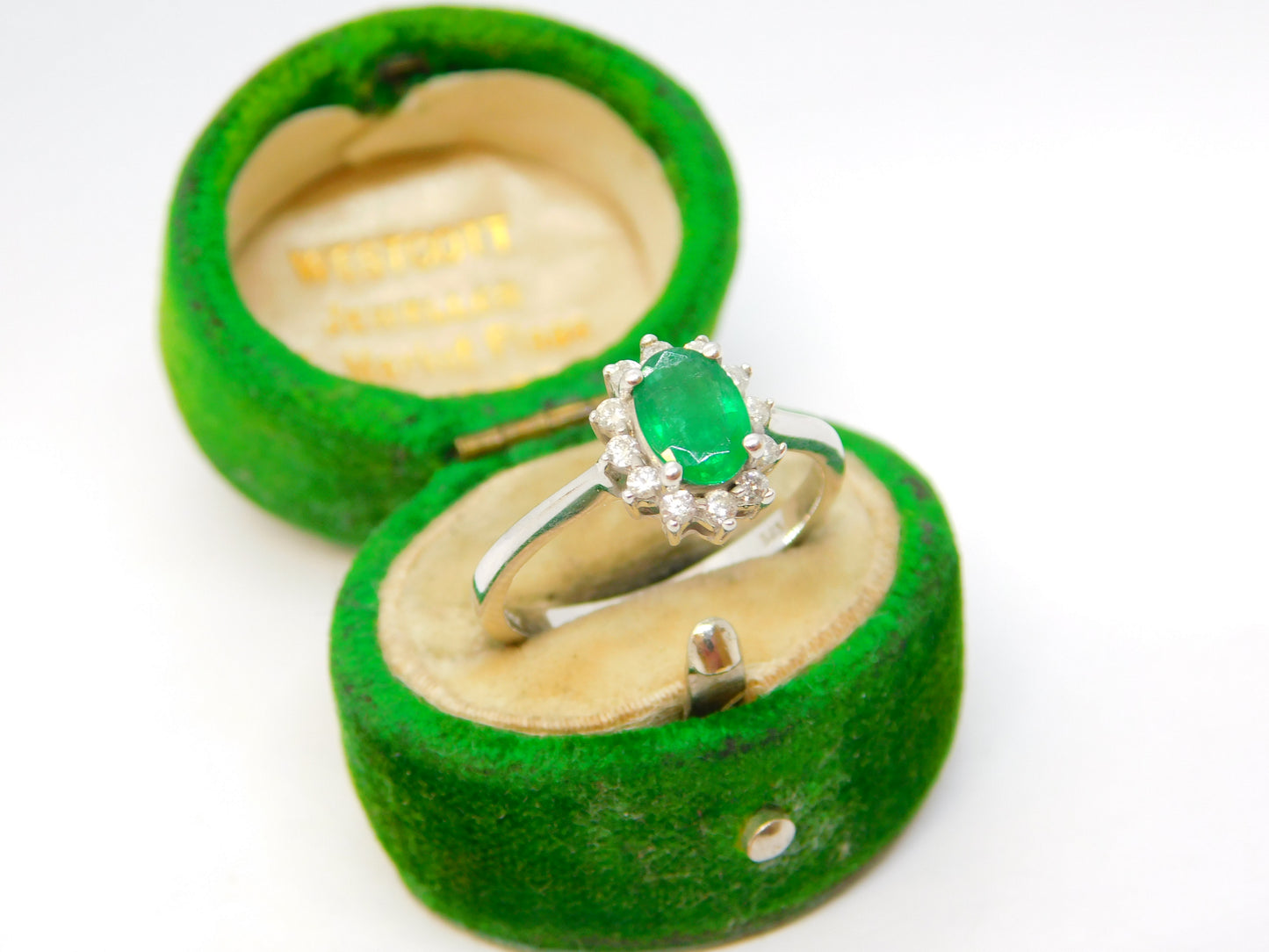 14ct White Gold, 0.5ct Emerald & Diamond Floral Engagement Ring Vintage c1980