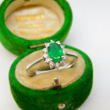 14ct White Gold, 0.5ct Emerald & Diamond Floral Engagement Ring Vintage c1980
