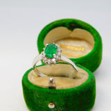14ct White Gold, 0.5ct Emerald & Diamond Floral Engagement Ring Vintage c1980