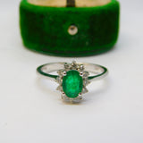 14ct White Gold, 0.5ct Emerald & Diamond Floral Engagement Ring Vintage c1980