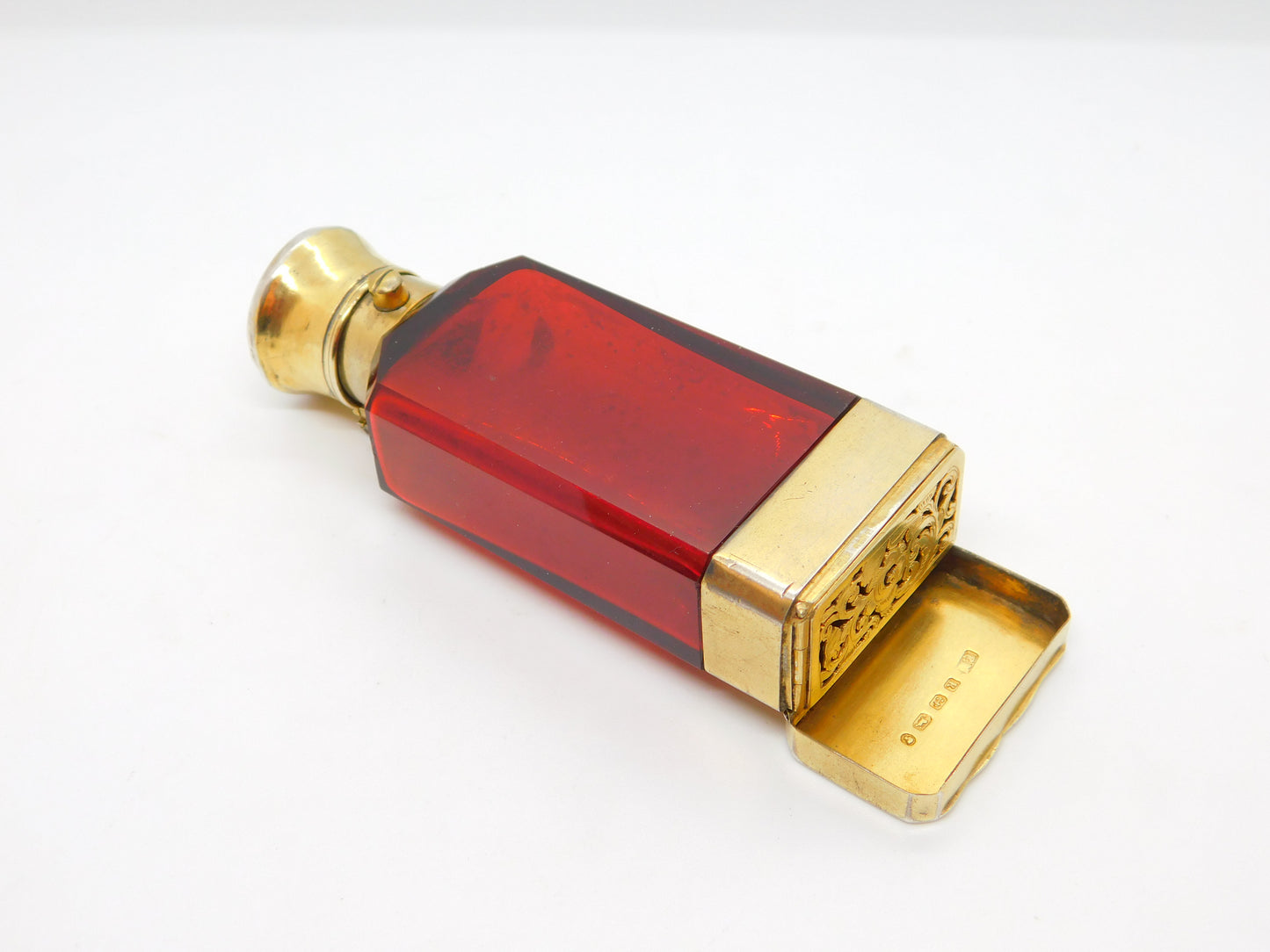 Victorian Sterling Silver Gilt Cranberry Glass Vinaigrette Scent Bottle Antique 1866 Birmingham