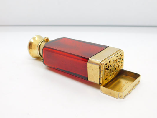 Victorian Sterling Silver Gilt Cranberry Glass Vinaigrette Scent Bottle Antique 1866 Birmingham