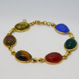 9ct Gold Egyptian Revival Carved Stone Scarab Beetle Bracelet Vintage c1960