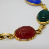 9ct Gold Egyptian Revival Carved Stone Scarab Beetle Bracelet Vintage c1960