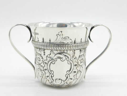 Edwardian Sterling Silver Floral Pattern Porringer Antique 1905 Chester