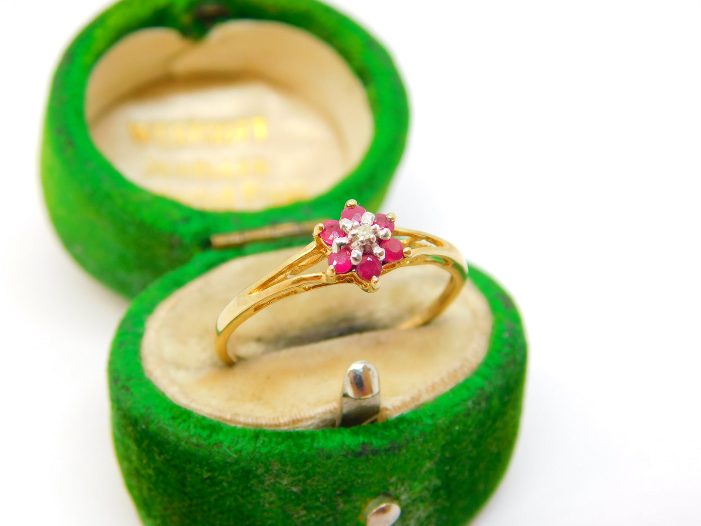 9ct Yellow Gold, Ruby & Diamond Floral Cluster Ring Vintage c1990 Sheffield