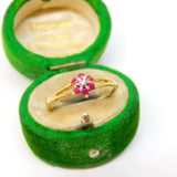 9ct Yellow Gold, Ruby & Diamond Floral Cluster Ring Vintage c1990 Sheffield
