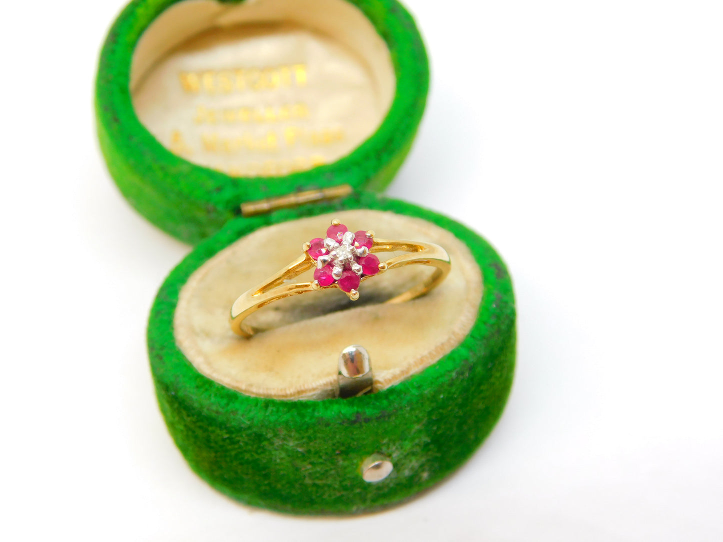 9ct Yellow Gold, Ruby & Diamond Floral Cluster Ring Vintage c1990 Sheffield