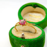 9ct Yellow Gold, Ruby & Diamond Floral Cluster Ring Vintage c1990 Sheffield