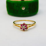 9ct Yellow Gold, Ruby & Diamond Floral Cluster Ring Vintage c1990 Sheffield