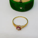9ct Yellow Gold, Ruby & Diamond Floral Cluster Ring Vintage c1990 Sheffield