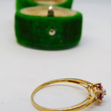 9ct Yellow Gold, Ruby & Diamond Floral Cluster Ring Vintage c1990 Sheffield