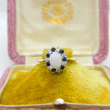 9ct Yellow Gold, Sapphire, Fire Opal & Diamond Paste Floral Ring Vintage 1986