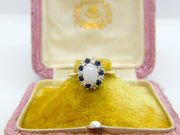 9ct Yellow Gold, Sapphire, Fire Opal & Diamond Paste Floral Ring Vintage 1986