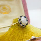 9ct Yellow Gold, Sapphire, Fire Opal & Diamond Paste Floral Ring Vintage 1986