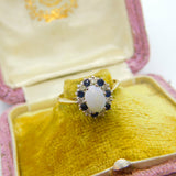 9ct Yellow Gold, Sapphire, Fire Opal & Diamond Paste Floral Ring Vintage 1986