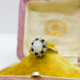 9ct Yellow Gold, Sapphire, Fire Opal & Diamond Paste Floral Ring Vintage 1986