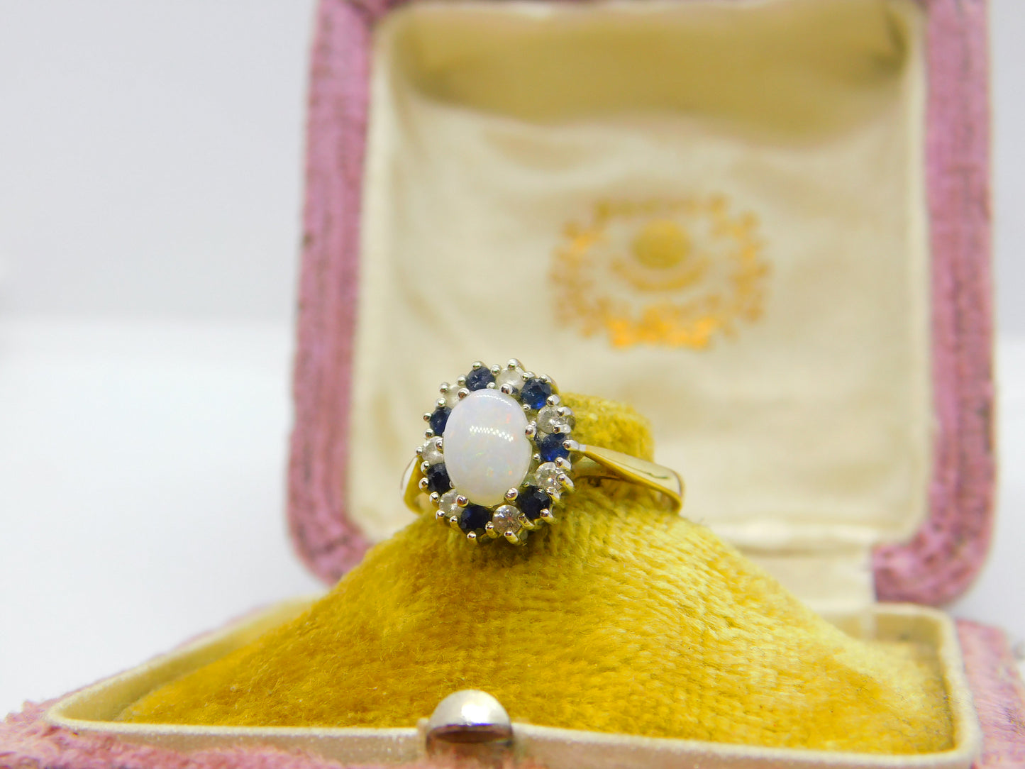 9ct Yellow Gold, Sapphire, Fire Opal & Diamond Paste Floral Ring Vintage 1986